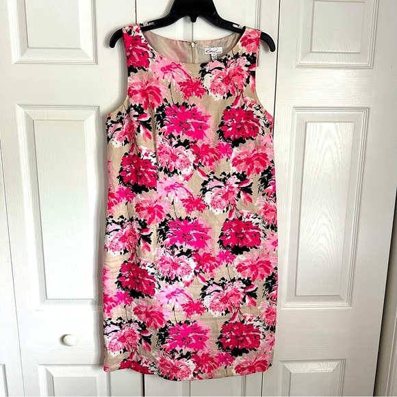 Kim Rogers Dress Womens 14 Pink Black Floral Linen Shift Sheath Classic Office - Picture 1 of 12